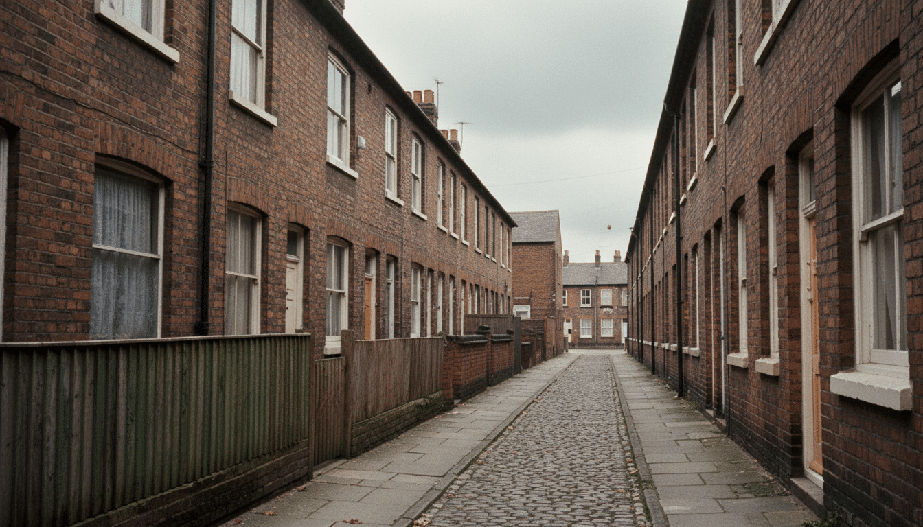 Ruelle derrière des maisons londoniennes années 1970