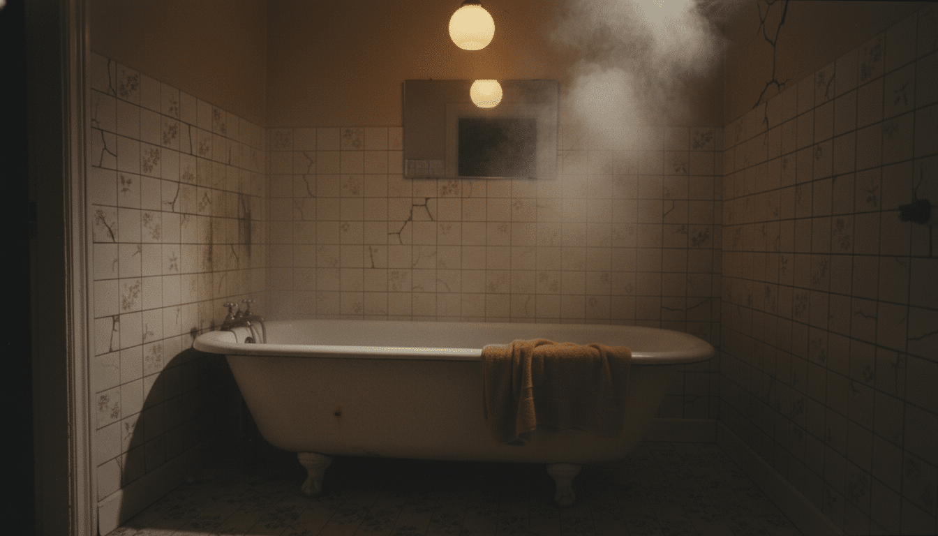 Salle de bain britannique des années 1970 avec baignoire
