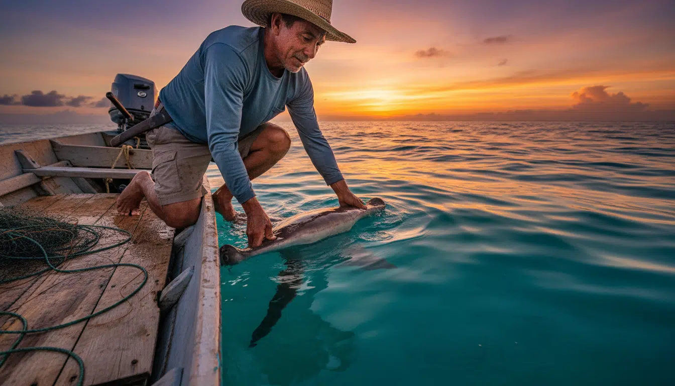 Pêcheur costaricien relâchant un requin-marteau dans le Pacifique