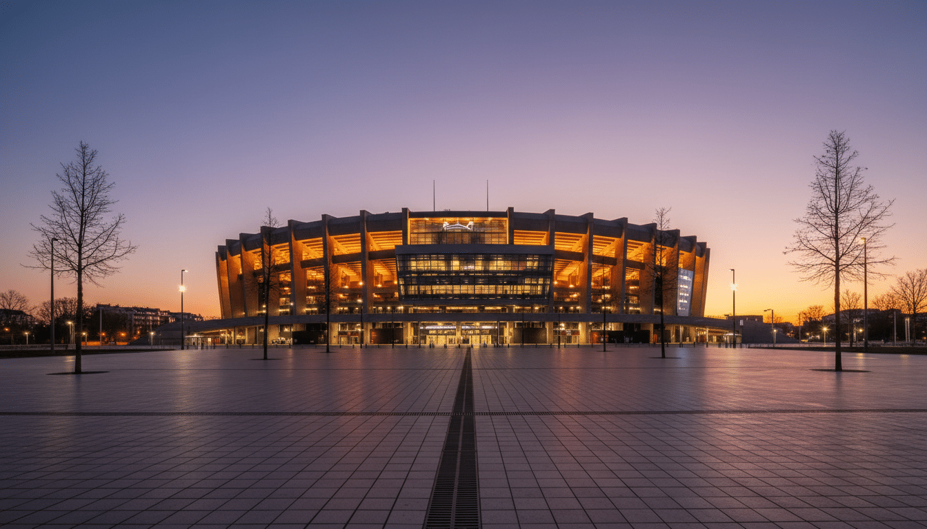 Le Parc des Princes illuminé au crépuscule, symbole de l'ambition du PSG pour les jeunes talents