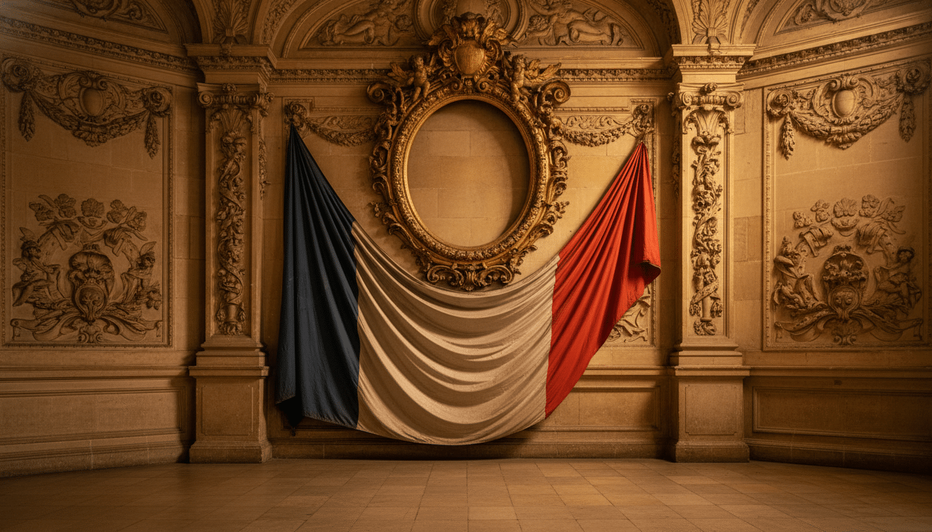 Intérieur d'une mairie française du XIXe siècle avec cadre doré vide sur les murs