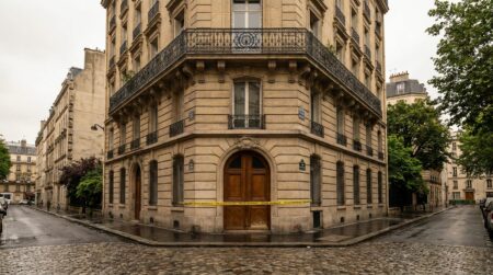 Immeuble résidentiel avec ruban de police à l'entrée