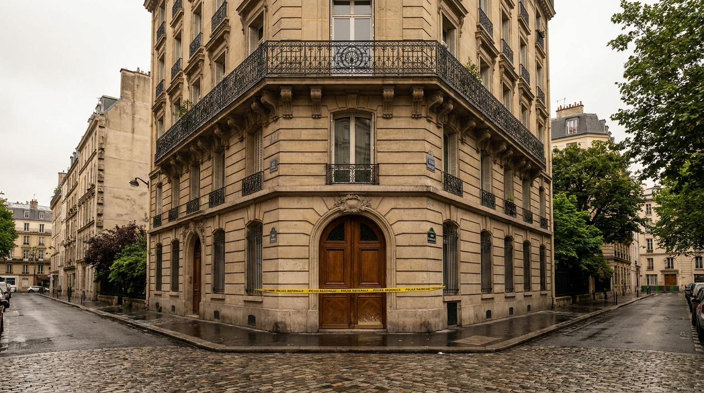 Immeuble résidentiel avec ruban de police à l'entrée