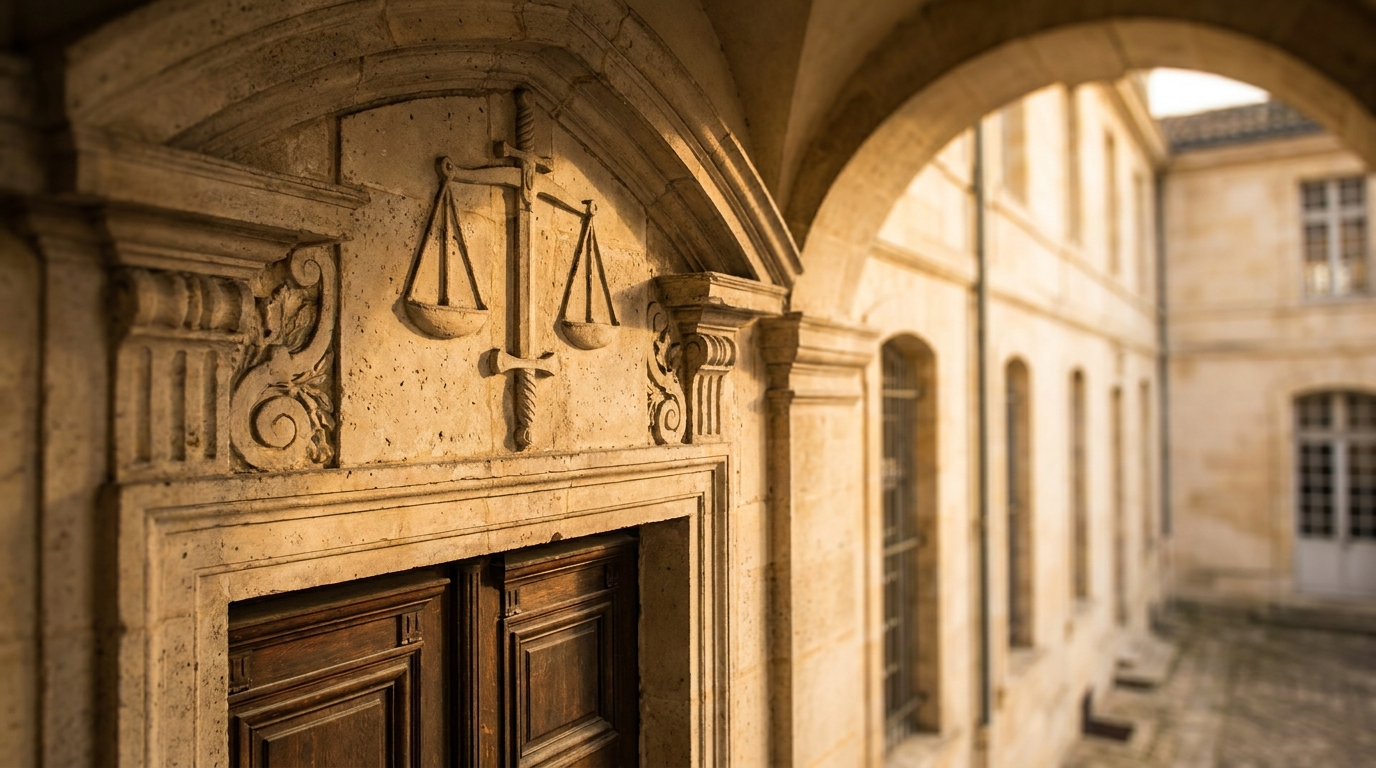 Façade de tribunal avec symbole de la justice en pierre