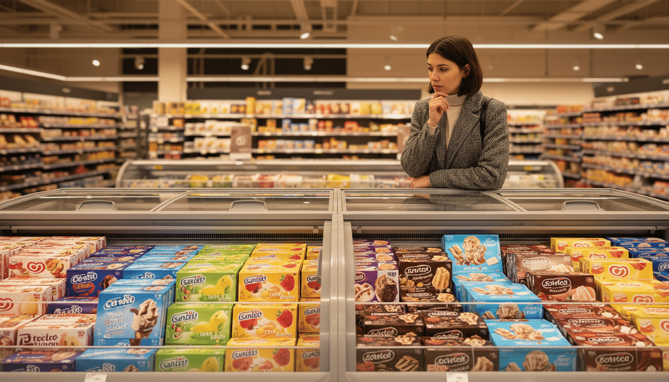 Personne choisissant un sorbet au rayon surgelés