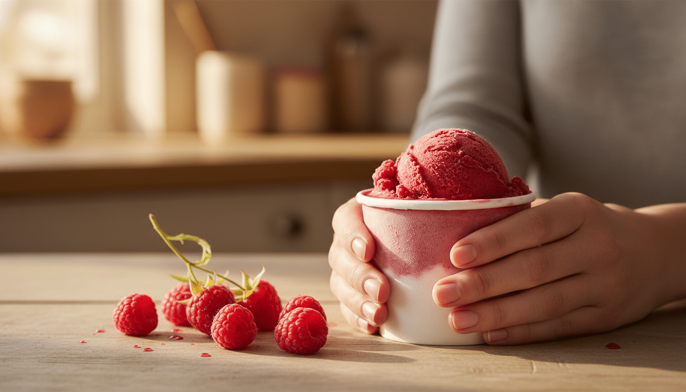 Pot de sorbet framboise posé près de framboises fraîches
