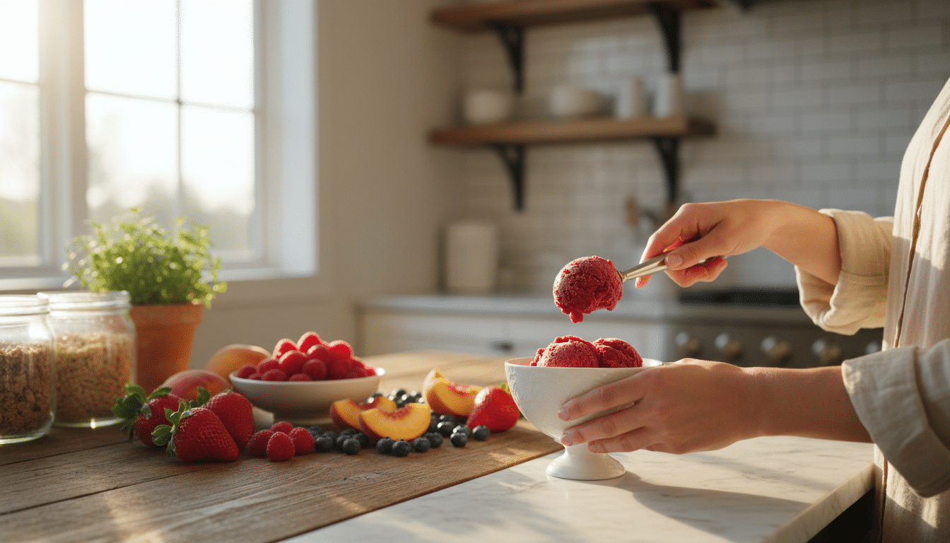 Dégustation d'un sorbet framboise dans une cuisine ensoleillée