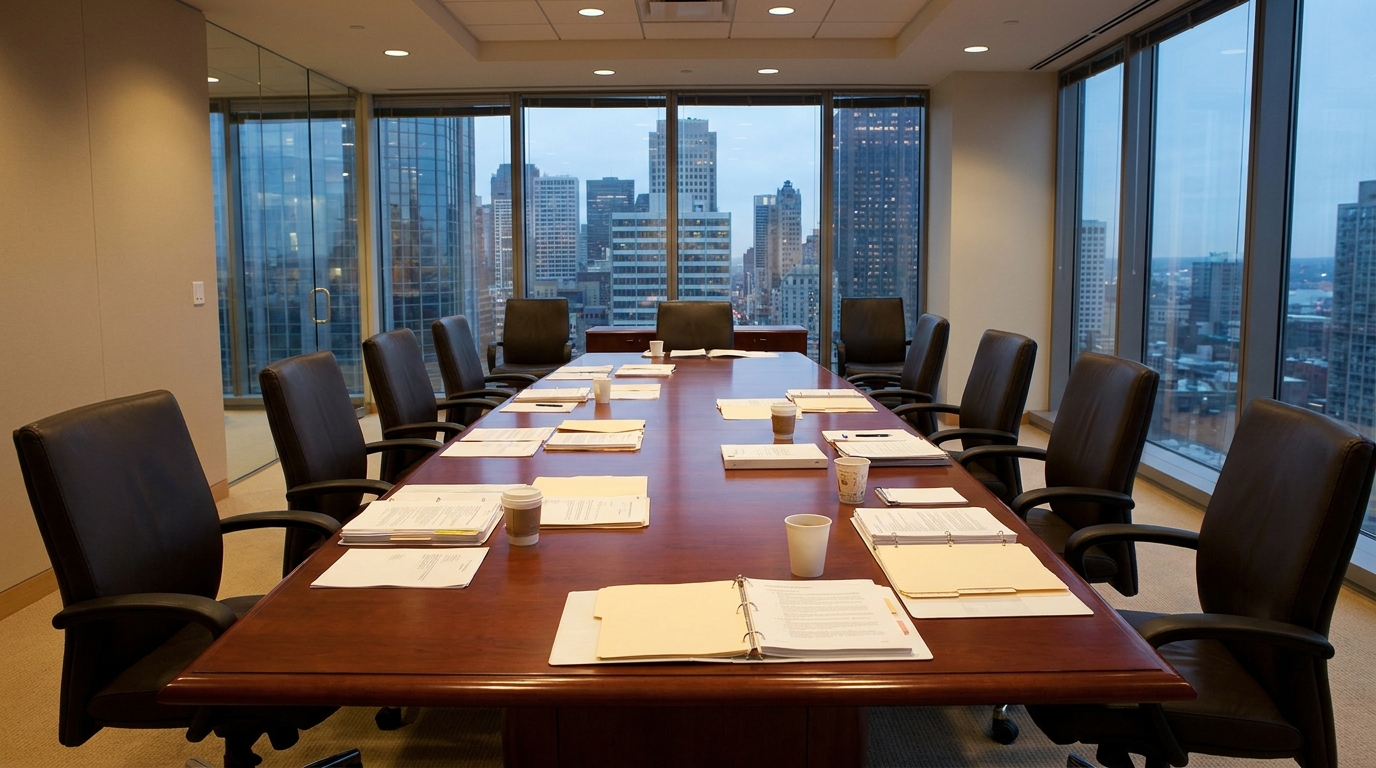 Salle de réunion vide avec documents éparpillés sur la table