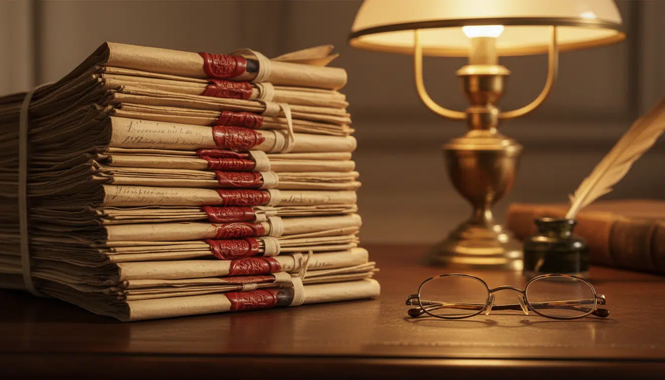 Documents juridiques anciens sur un bureau de magistrat