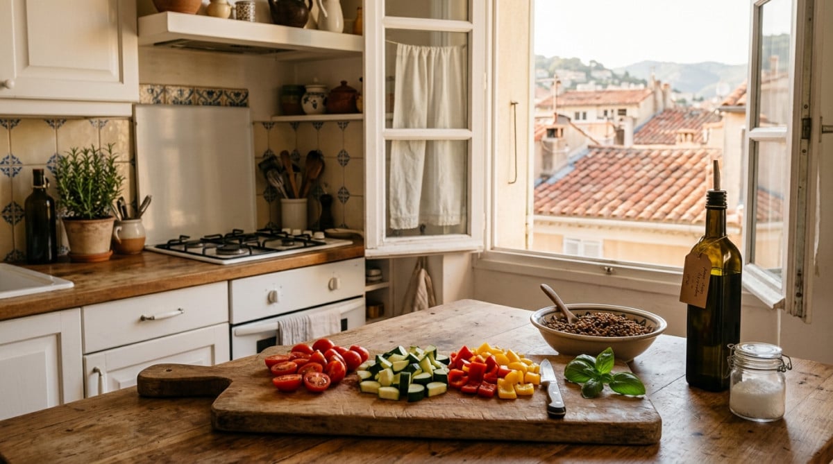 Légumes frais et huile d'olive dans une cuisine d'appartement à Toulon