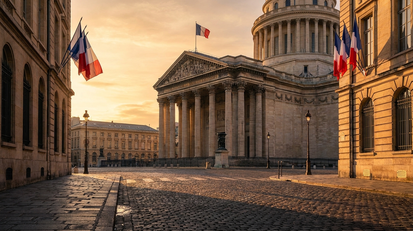 Façade du Panthéon à Paris au coucher du soleil