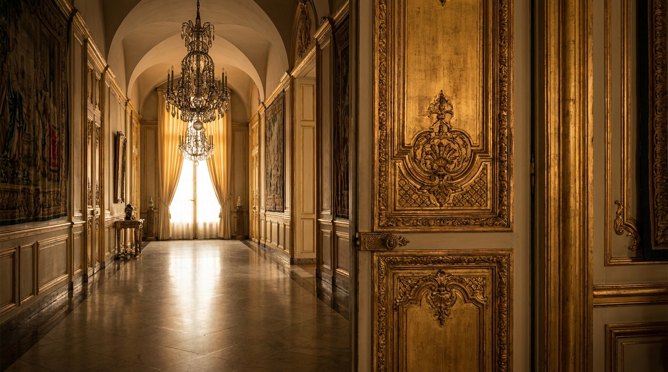 Porte dorée entrouverte dans un palais officiel français