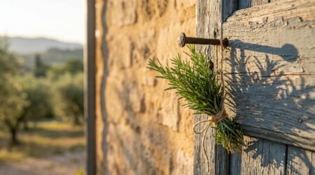 Bouquet de romarin frais accroché à une porte en bois rustique