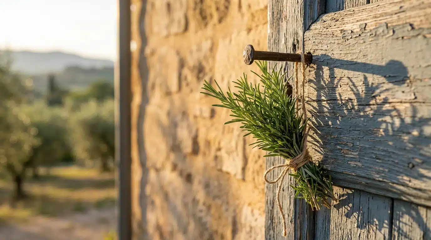 Bouquet de romarin frais accroché à une porte en bois rustique