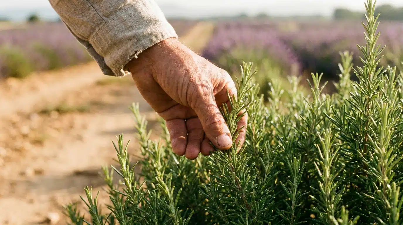 Main cueillant du romarin sauvage dans la campagne ensoleillée