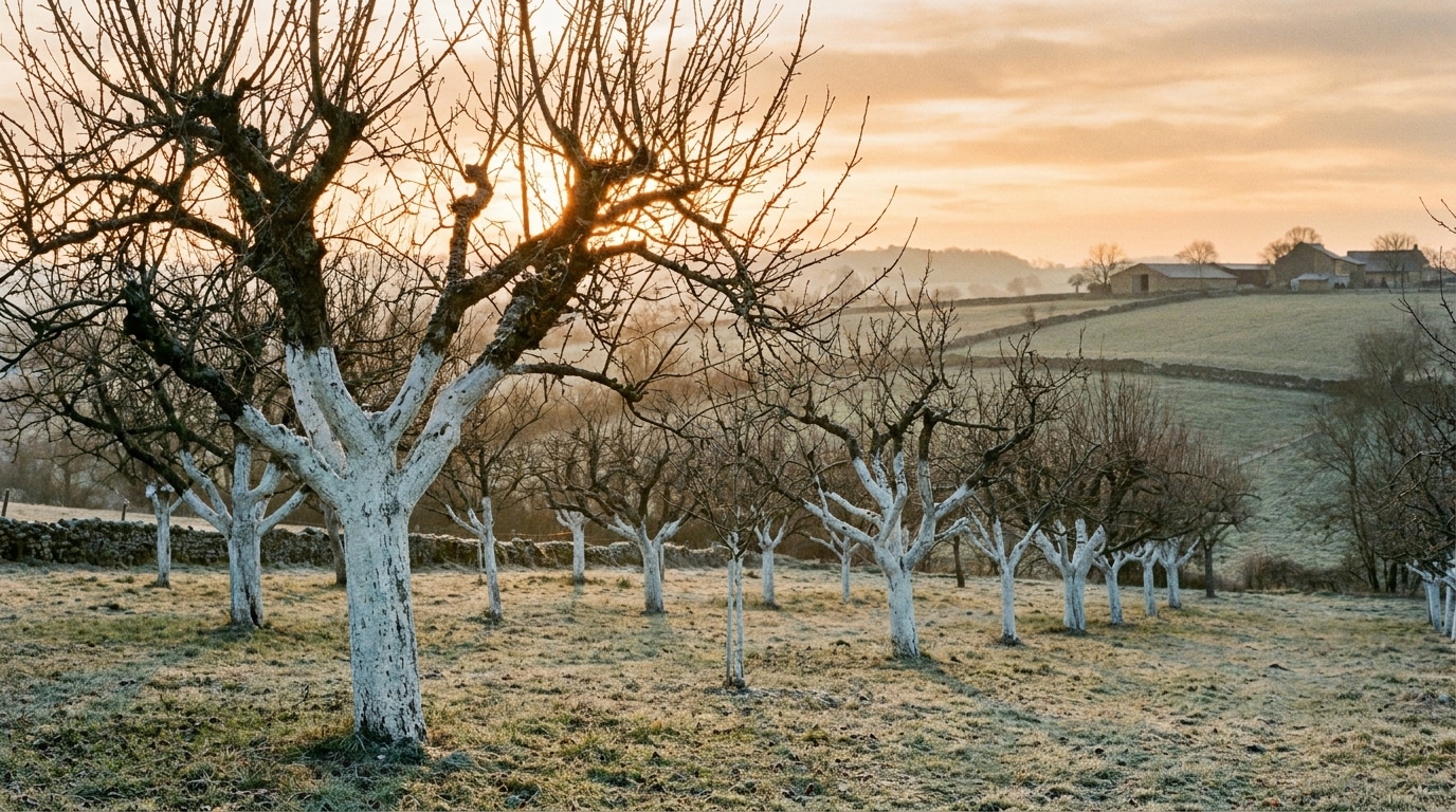 Troncs d'arbres fruitiers peints en blanc dans un verger d'hiver