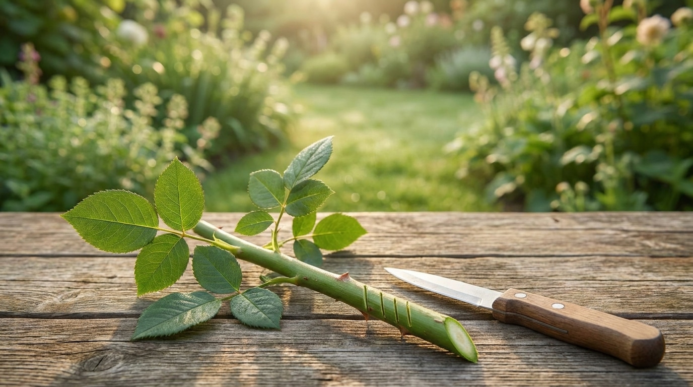 Bouture de rosier entaillée posée sur une table de jardin en bois