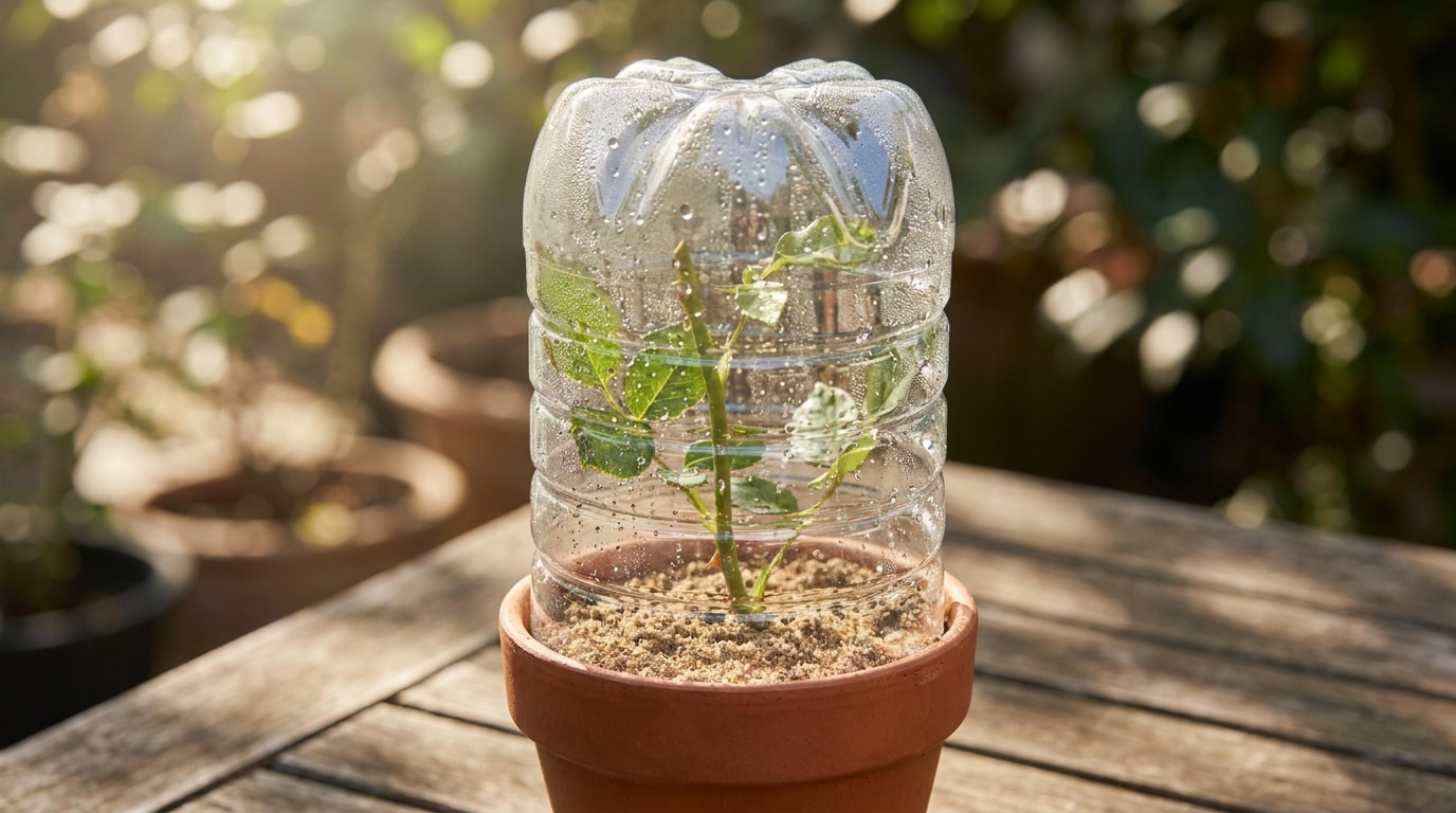 Bouteille en plastique servant de cloche sur un pot de bouture