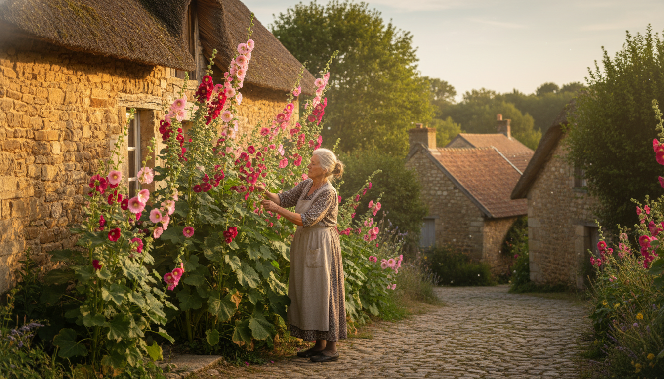 Rose trémière en fleurs contre un mur de pierre ancien