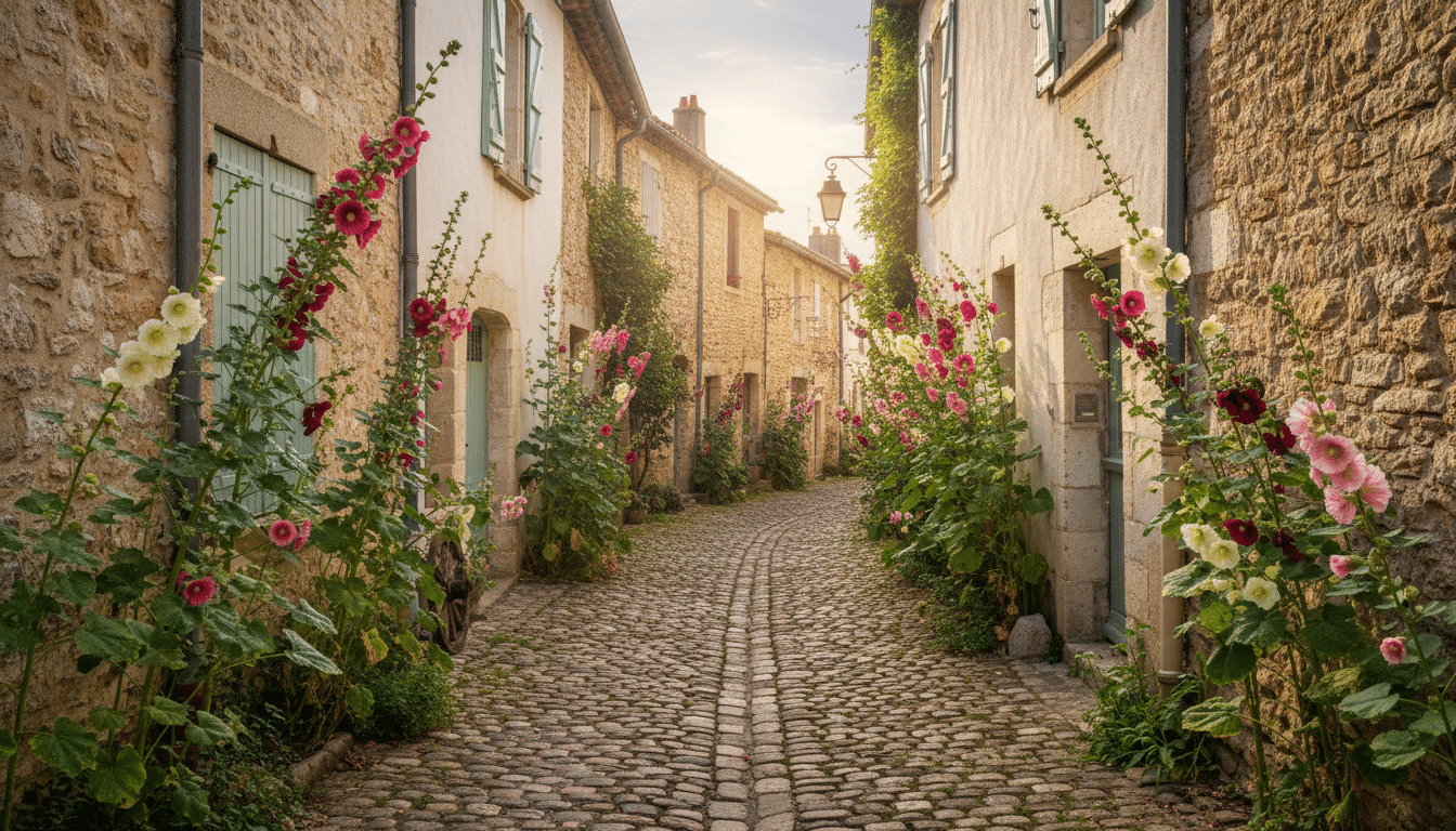 Roses trémières poussant dans une ruelle de village français