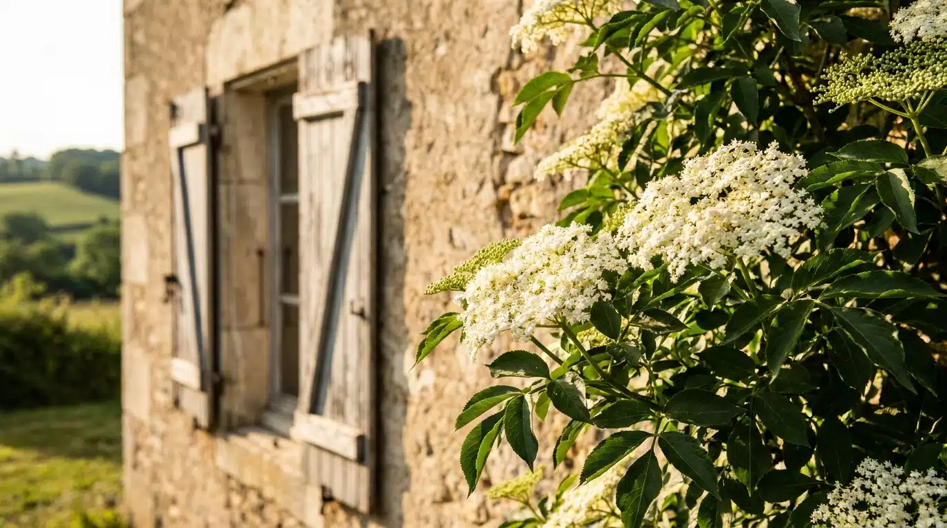 Sureau en fleurs contre un mur de ferme ancienne