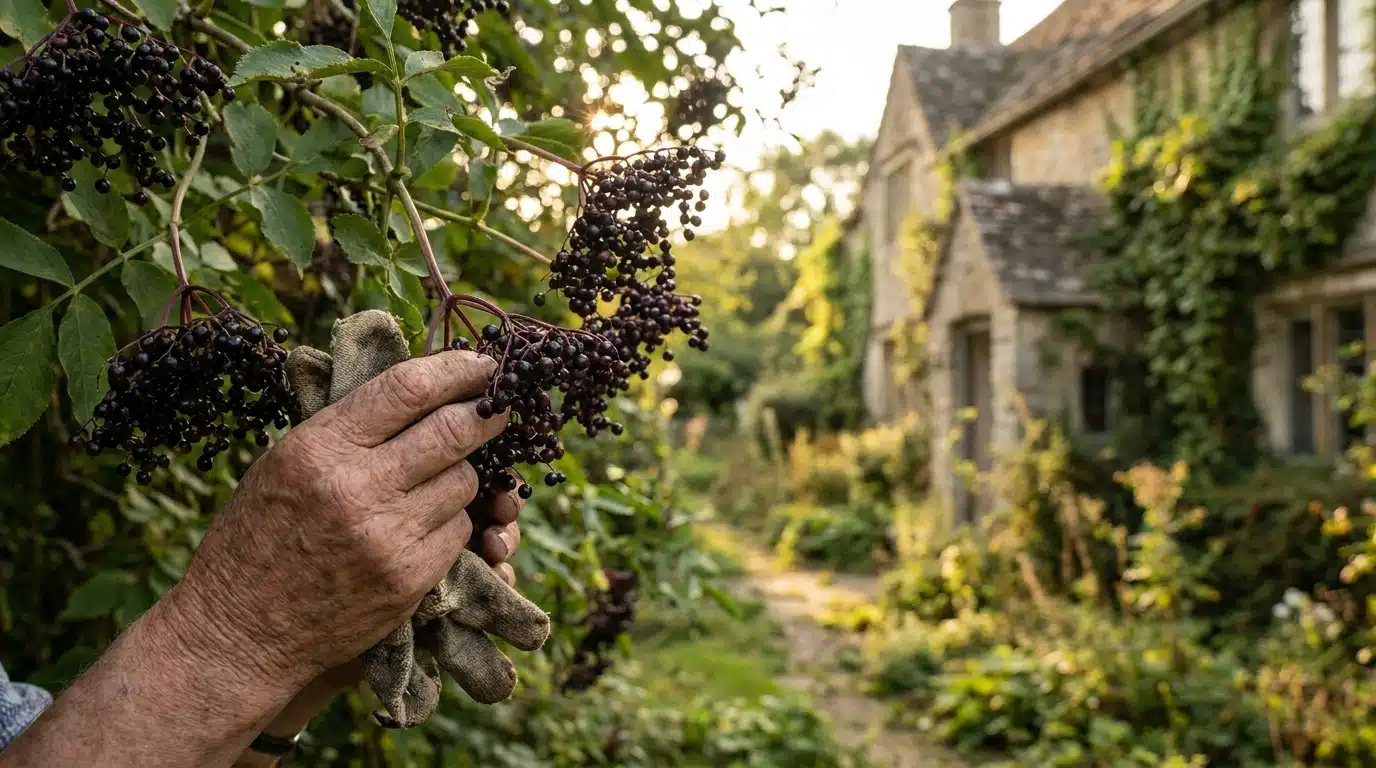 Gros plan de baies de sureau noires dans un jardin ancien
