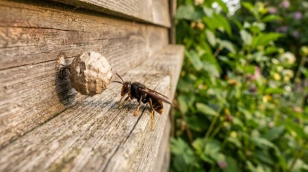 Frelon asiatique posé près d'un nid primaire sur un cabanon