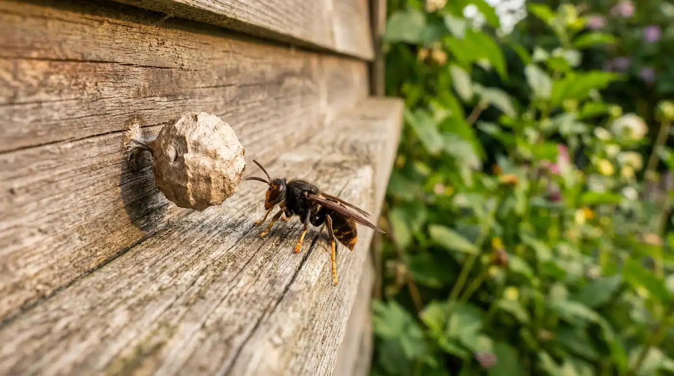 Frelon asiatique posé près d'un nid primaire sur un cabanon