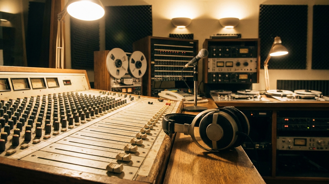 Console de studio radio avec curseurs à zéro et casque posé