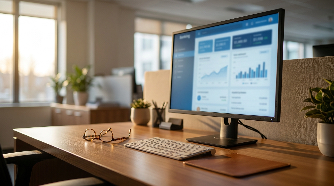 Bureau de banque avec écran affichant une interface bancaire floue