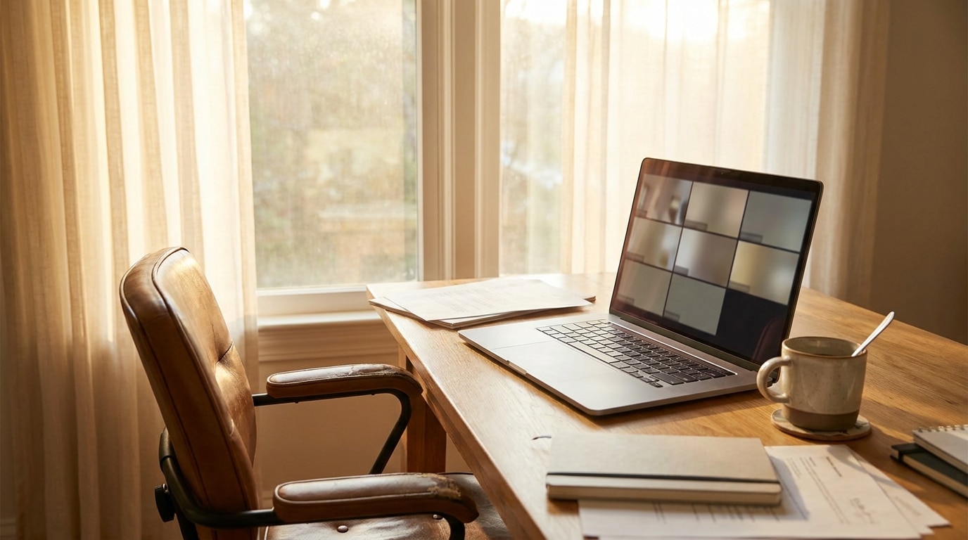 Bureau à domicile avec ordinateur portable ouvert et chaise vide