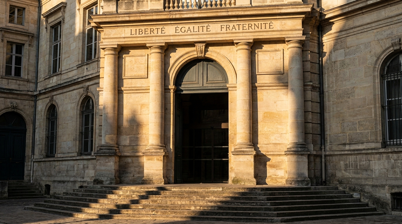 Façade d'un palais de justice français en lumière dorée