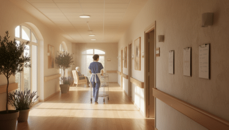Couloir d'un EHPAD avec un agent de service en uniforme