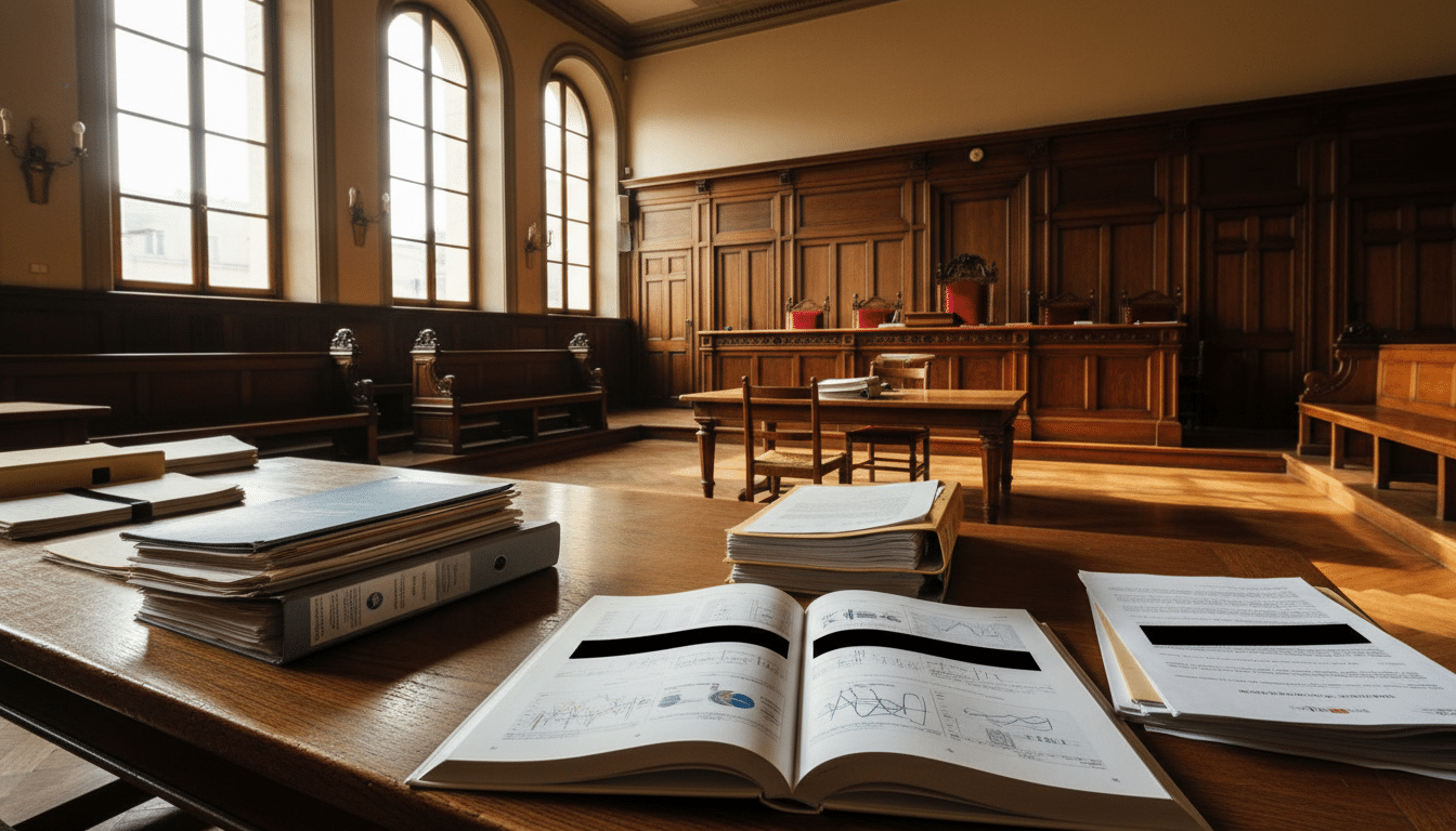 Salle d'audience avec un journal médical anonymisé sur la table