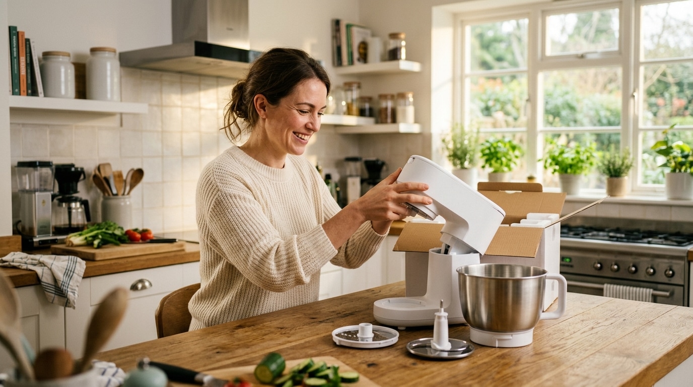 Femme déballant un robot cuisine Silvercrest dans sa cuisine