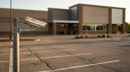 Caméra de surveillance installée sur un parking de supermarché