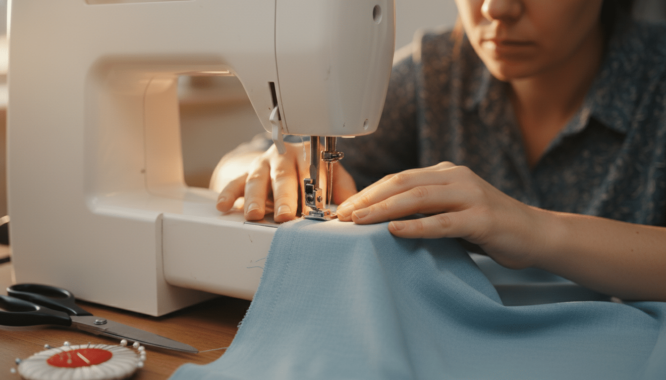 Mains guidant un tissu sous le pied-de-biche d'une machine à coudre