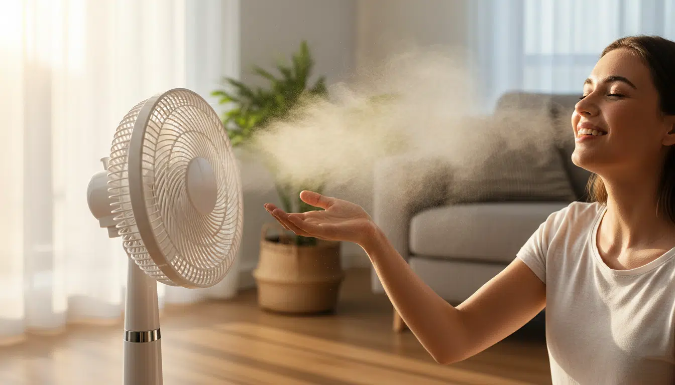 Ventilateur brumisateur sur pied dans un salon ensoleillé