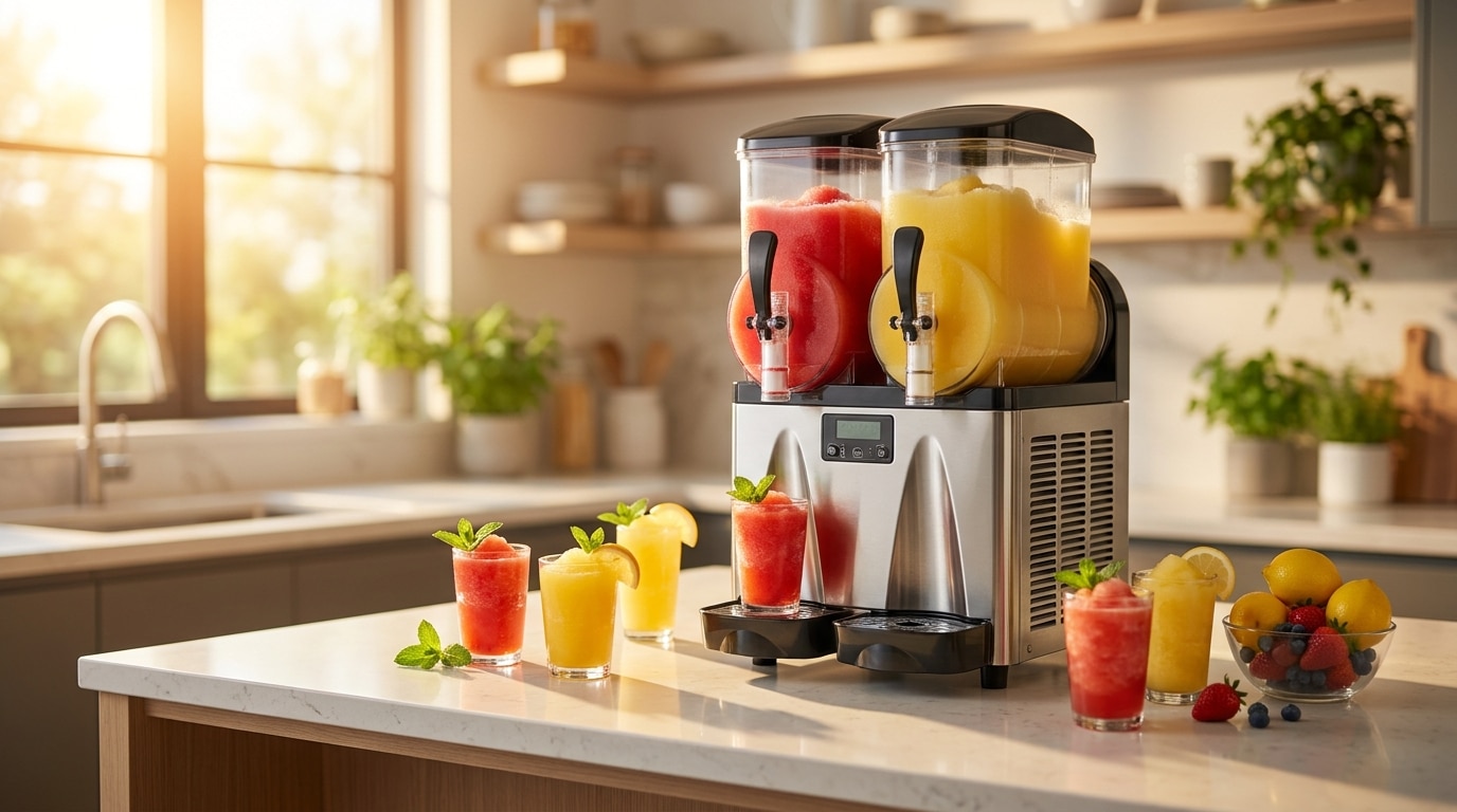 Machine à granités sur un plan de travail avec boissons glacées colorées
