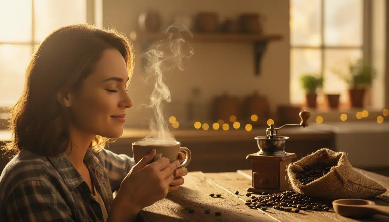 Personne savourant un café fraîchement moulu le matin
