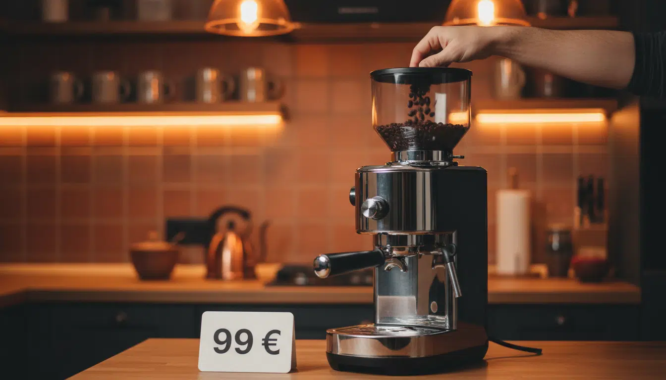 Grains de café versés dans le moulin intégré de la cafetière