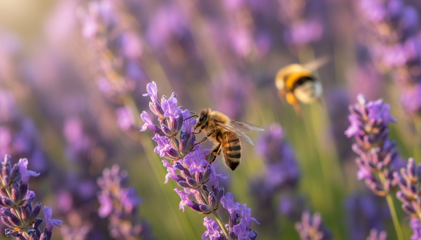 Abeille butinant un épi de lavande violette en été