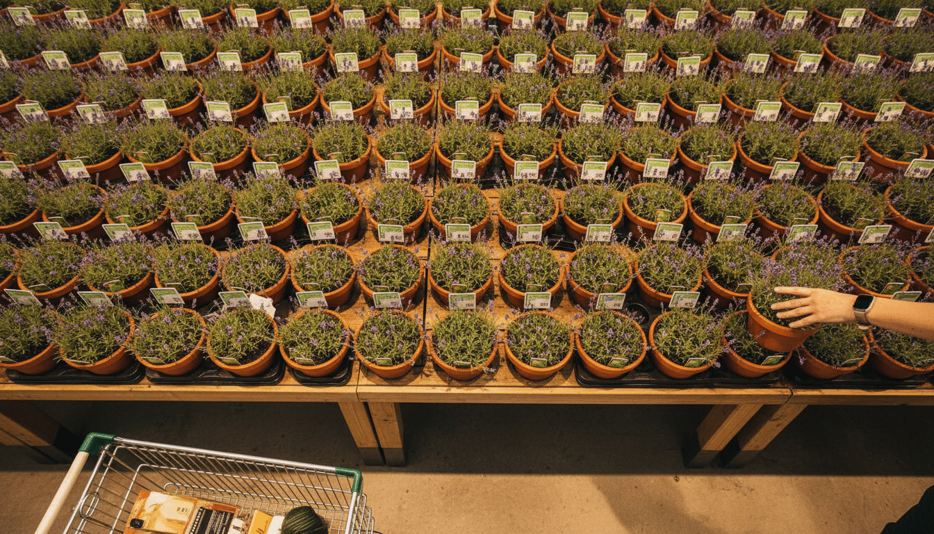 Rayon jardin Lidl avec des pots de lavande en promotion