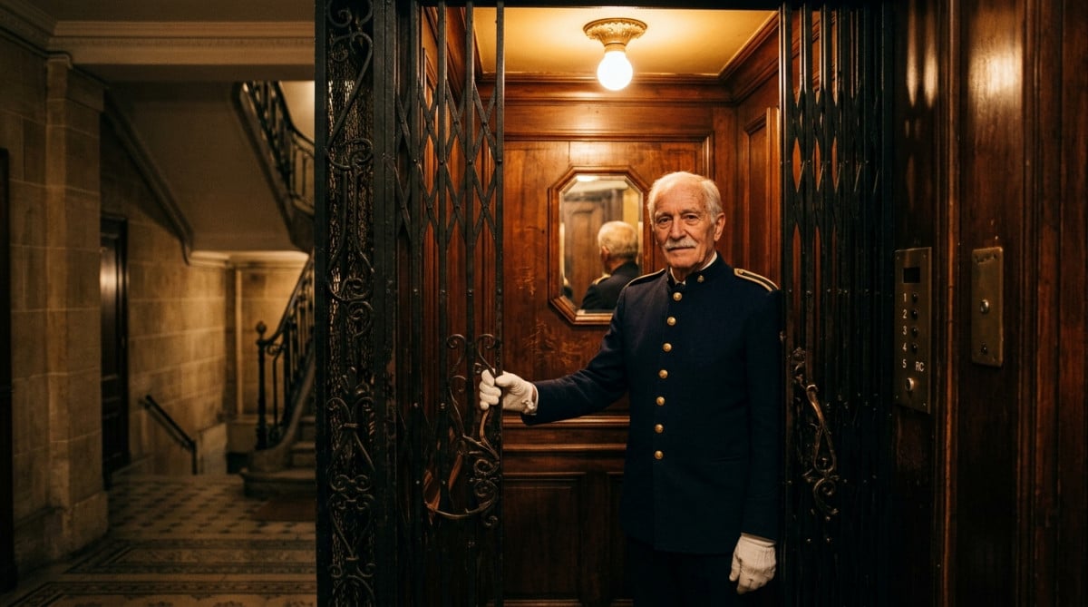 Liftier en uniforme dans un ascenseur ancien en bois et fer forgé