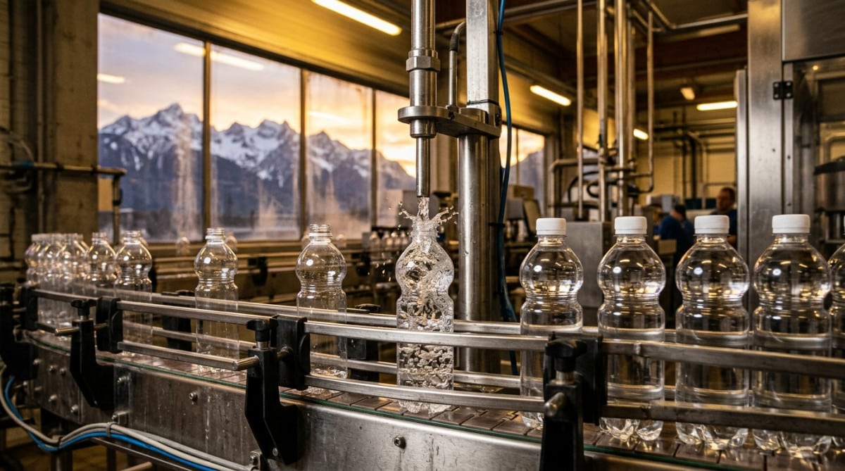 Ligne d'embouteillage industrielle remplissant des bouteilles d'eau