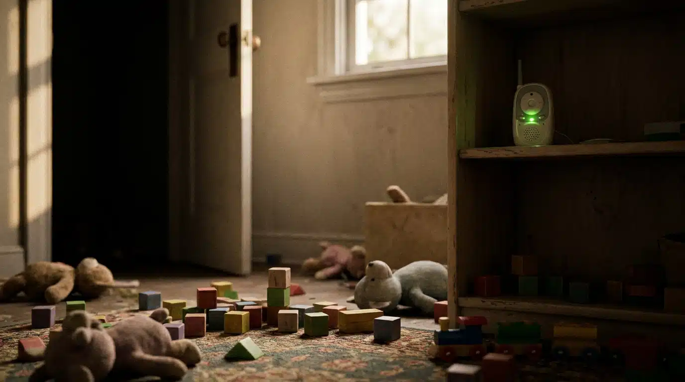 Salle de jeux vide avec jouets éparpillés et babyphone