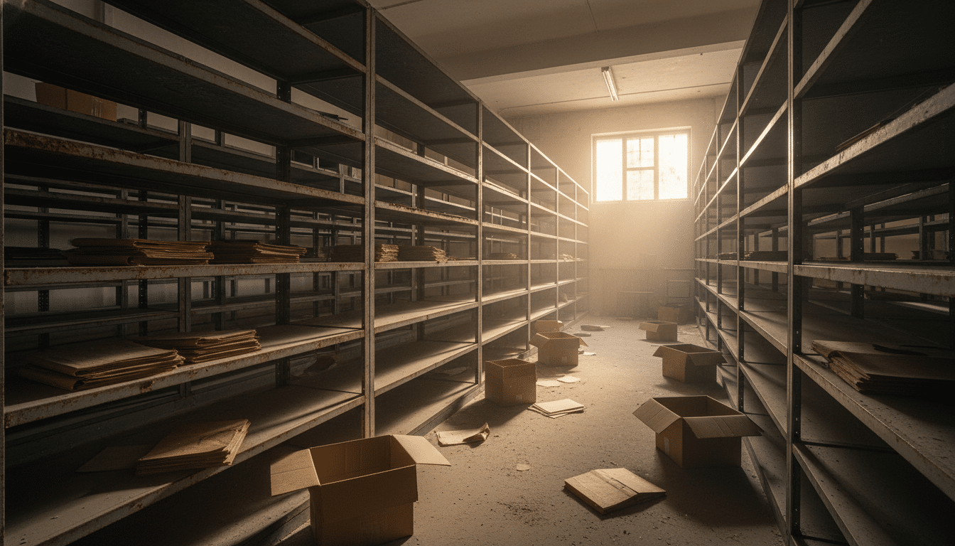 Salle d'archives vide avec dossiers éparpillés