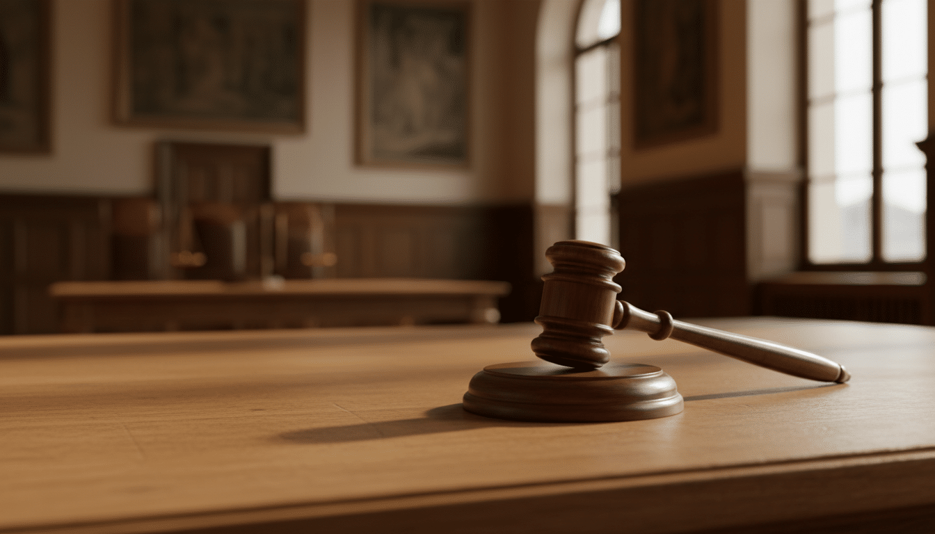Marteau de justice posé sur un bureau vide