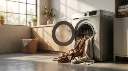 Machine à laver ouverte avec du linge humide dans le tambour