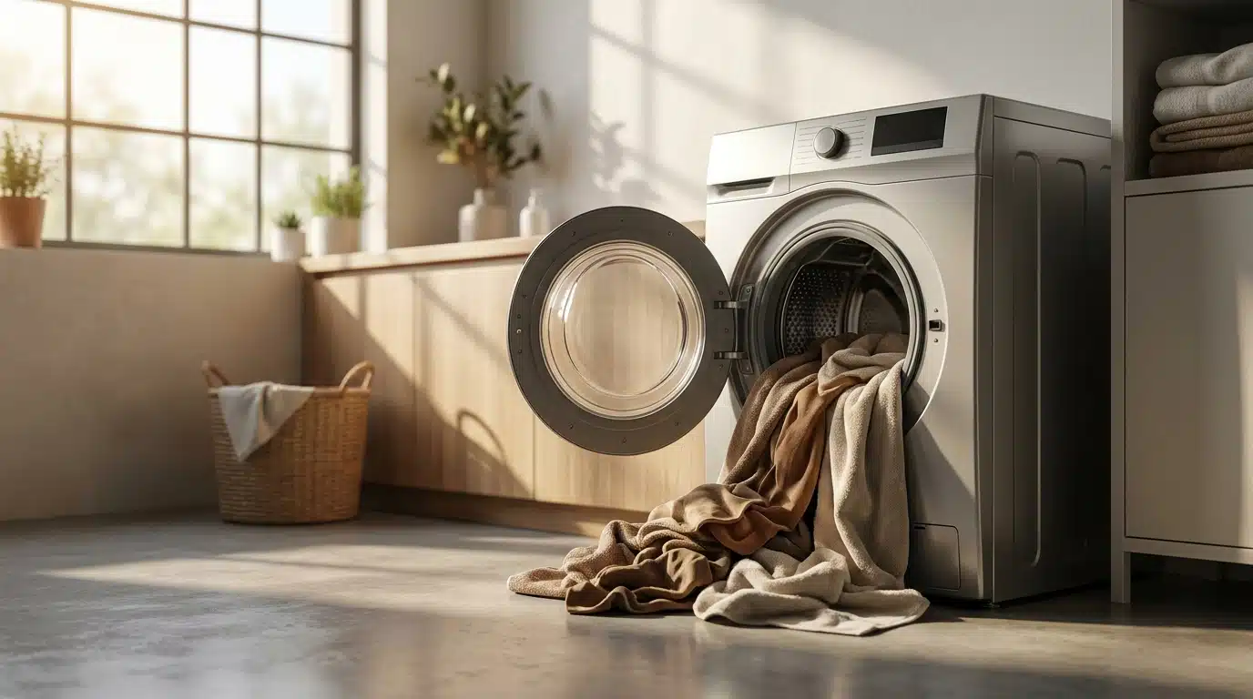 Machine à laver ouverte avec du linge humide dans le tambour
